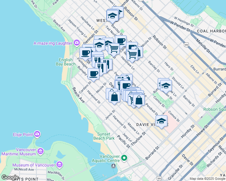 map of restaurants, bars, coffee shops, grocery stores, and more near 1203 Broughton Street in Vancouver