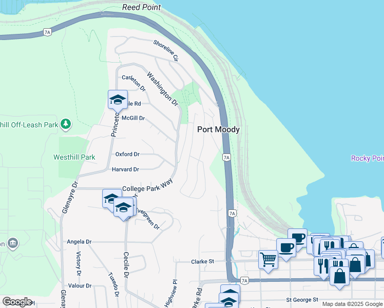 map of restaurants, bars, coffee shops, grocery stores, and more near 402 Cardiff Way in Port Moody