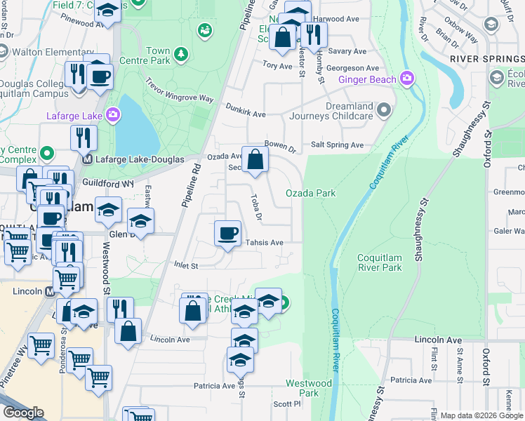 map of restaurants, bars, coffee shops, grocery stores, and more near 3177 Toba Drive in Coquitlam
