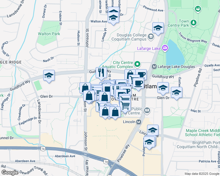 map of restaurants, bars, coffee shops, grocery stores, and more near 1185 Pacific Street in Coquitlam