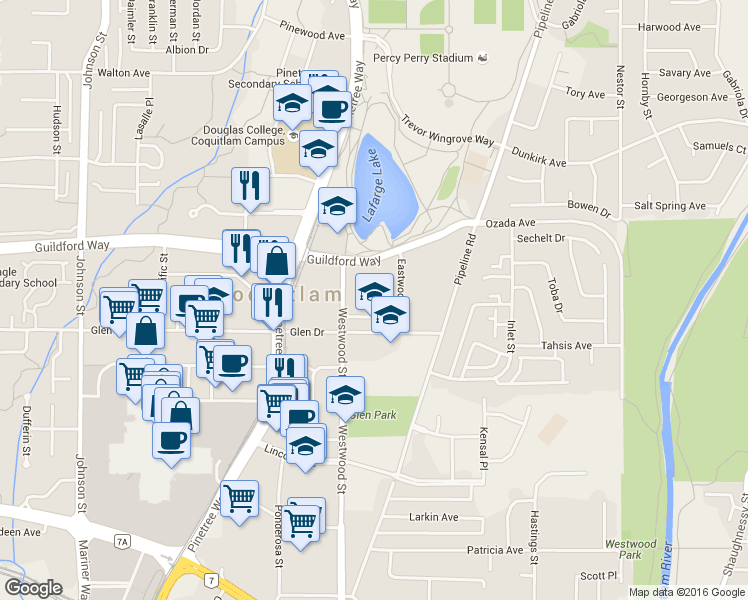 map of restaurants, bars, coffee shops, grocery stores, and more near in Coquitlam