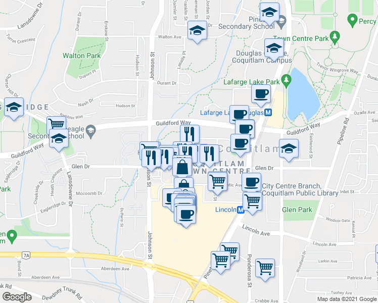 map of restaurants, bars, coffee shops, grocery stores, and more near 1190 Pacific Street in Coquitlam