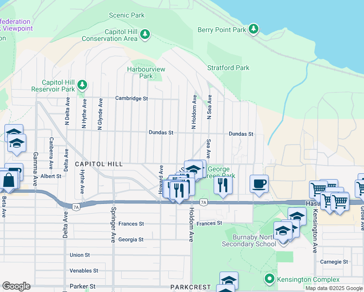 map of restaurants, bars, coffee shops, grocery stores, and more near 30 Ellesmere Avenue in Burnaby