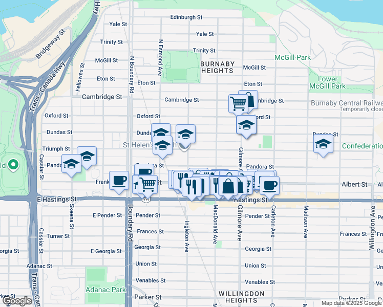 map of restaurants, bars, coffee shops, grocery stores, and more near in Burnaby