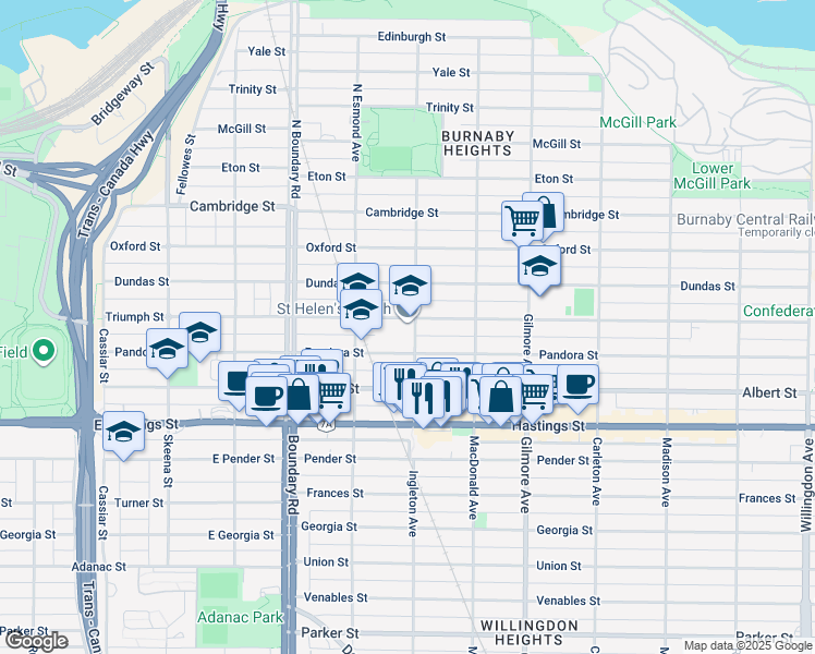 map of restaurants, bars, coffee shops, grocery stores, and more near 3859 Triumph Street in Burnaby