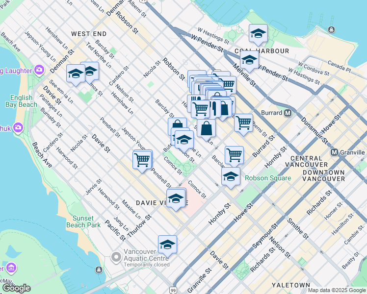 map of restaurants, bars, coffee shops, grocery stores, and more near in Vancouver