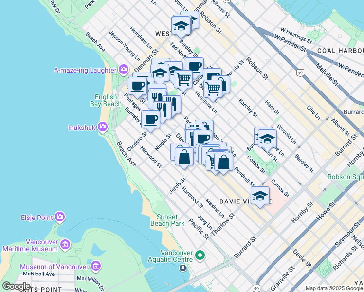 map of restaurants, bars, coffee shops, grocery stores, and more near in Vancouver