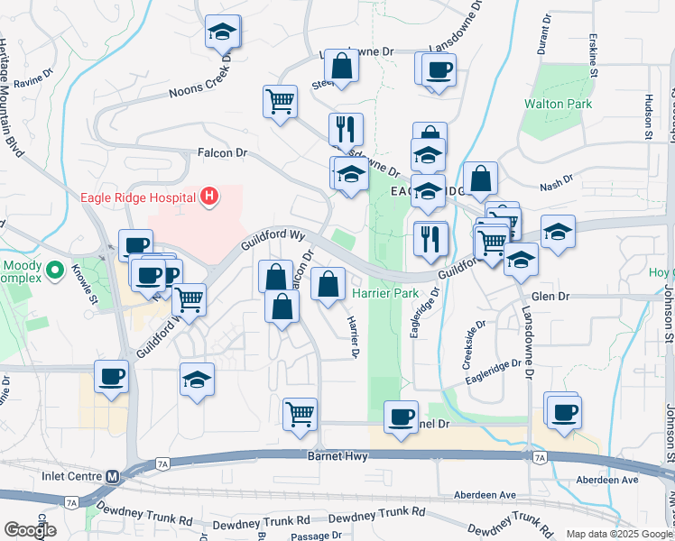 map of restaurants, bars, coffee shops, grocery stores, and more near 1195 Falcon Drive in Coquitlam