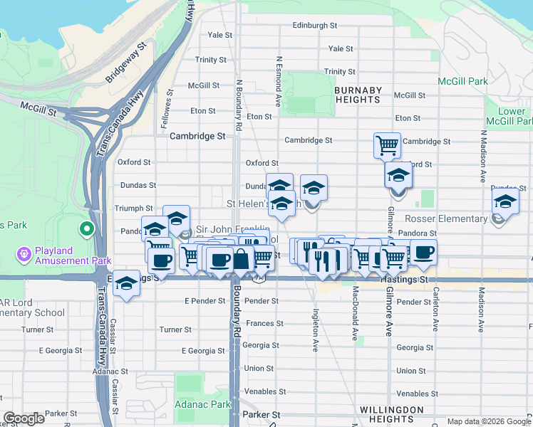 map of restaurants, bars, coffee shops, grocery stores, and more near 3778 Triumph Street in Burnaby