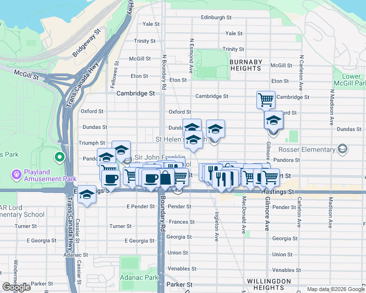 map of restaurants, bars, coffee shops, grocery stores, and more near 3778 Triumph Street in Burnaby