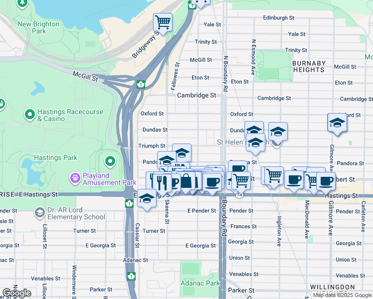 map of restaurants, bars, coffee shops, grocery stores, and more near 3566 Triumph Street in Vancouver