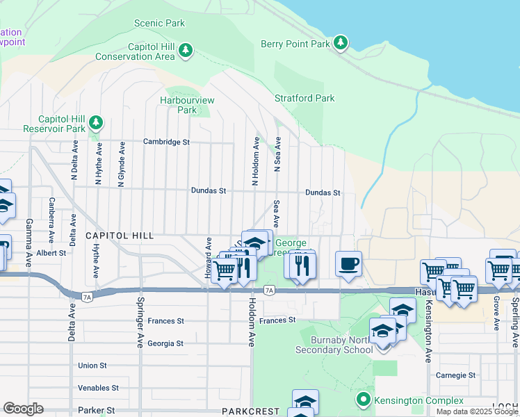 map of restaurants, bars, coffee shops, grocery stores, and more near 26 Holdom Avenue in Burnaby