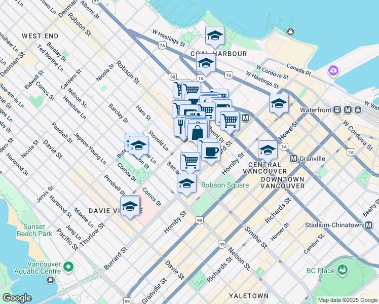 map of restaurants, bars, coffee shops, grocery stores, and more near 1045 Haro Street in Vancouver
