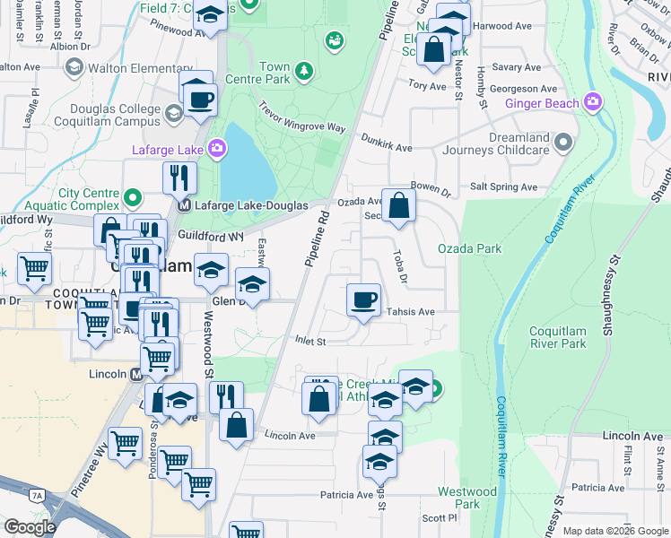 map of restaurants, bars, coffee shops, grocery stores, and more near 1174 Inlet Street in Coquitlam