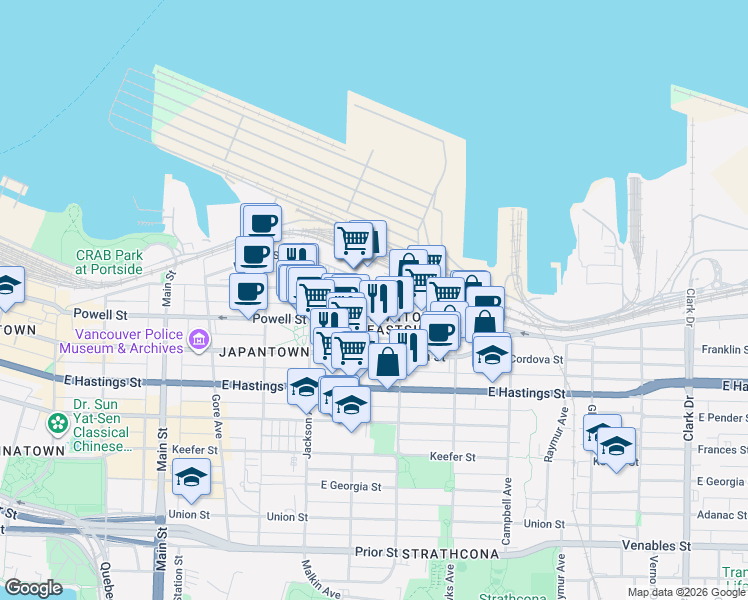 map of restaurants, bars, coffee shops, grocery stores, and more near 626 Alexander Street in Vancouver