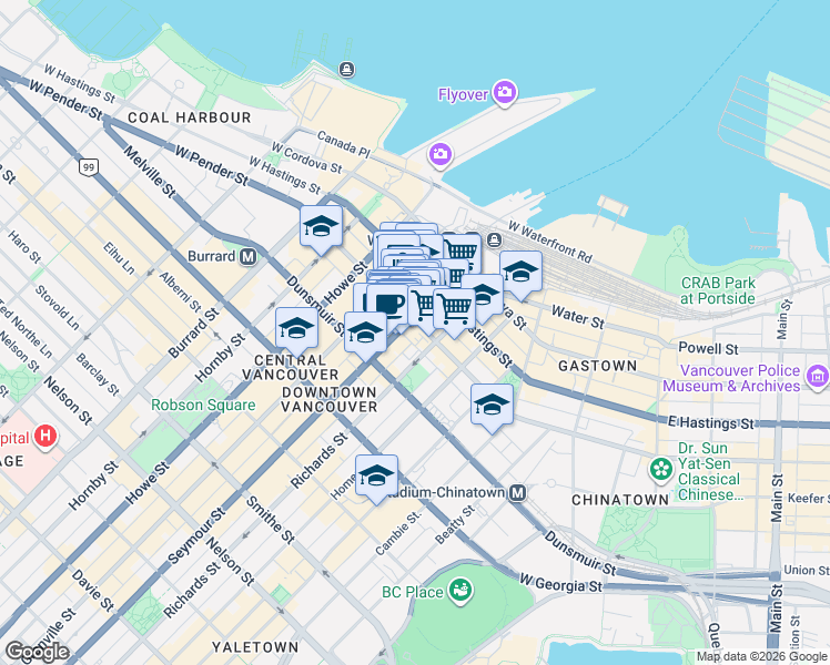 map of restaurants, bars, coffee shops, grocery stores, and more near 534 West Pender Street in Vancouver