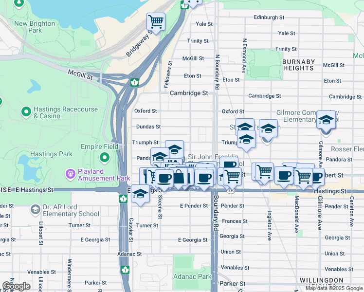 map of restaurants, bars, coffee shops, grocery stores, and more near 3578 Triumph Street in Vancouver