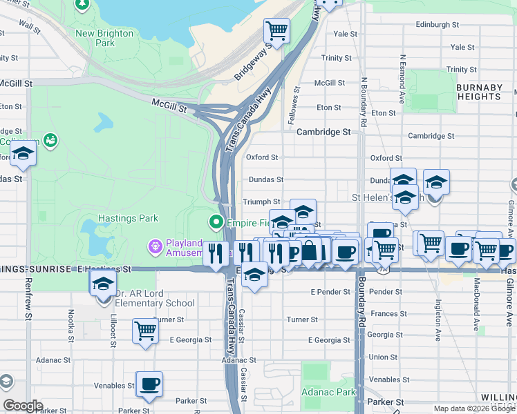 map of restaurants, bars, coffee shops, grocery stores, and more near 3438 Triumph Street in Vancouver
