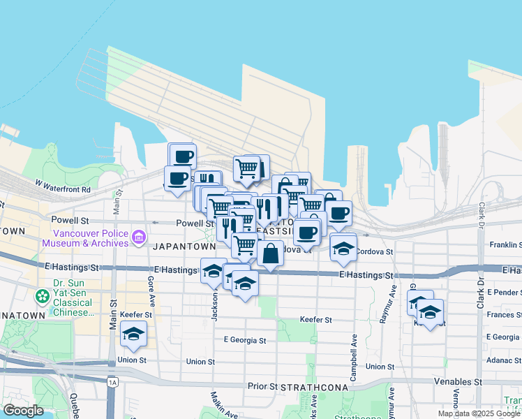 map of restaurants, bars, coffee shops, grocery stores, and more near 626 Alexander Street in Vancouver