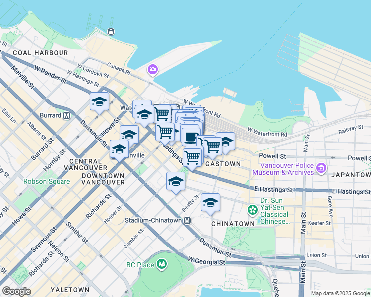 map of restaurants, bars, coffee shops, grocery stores, and more near 415 West Cordova Street in Vancouver