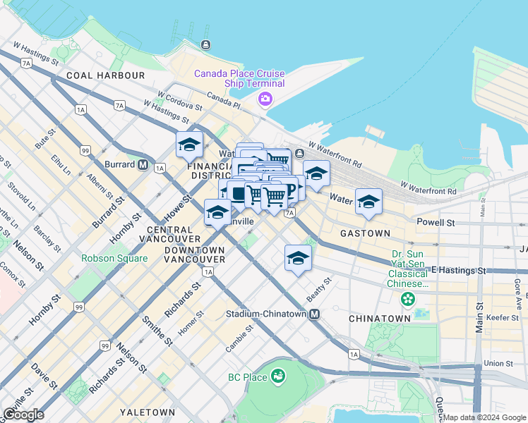 map of restaurants, bars, coffee shops, grocery stores, and more near 515 West Pender Street in Vancouver