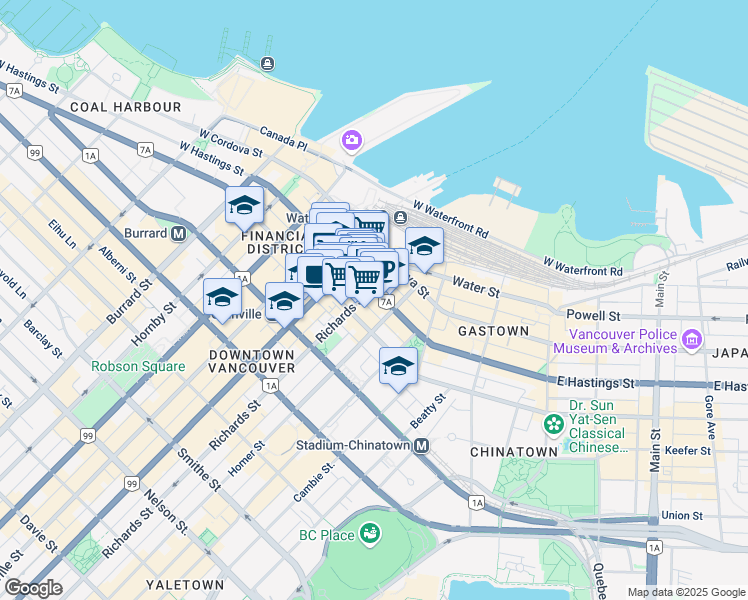 map of restaurants, bars, coffee shops, grocery stores, and more near 509 West Pender Street in Vancouver