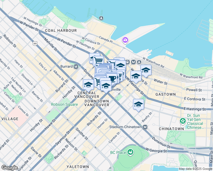 map of restaurants, bars, coffee shops, grocery stores, and more near 570 Granville Street in Vancouver