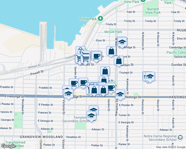 map of restaurants, bars, coffee shops, grocery stores, and more near 2155 Triumph Street in Vancouver