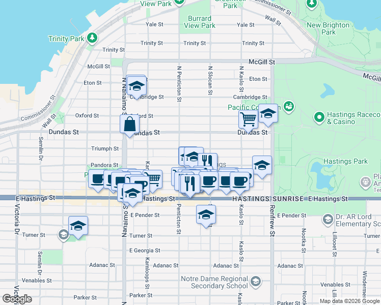 map of restaurants, bars, coffee shops, grocery stores, and more near 2636 Triumph Street in Vancouver