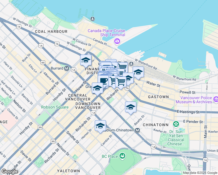 map of restaurants, bars, coffee shops, grocery stores, and more near in Vancouver