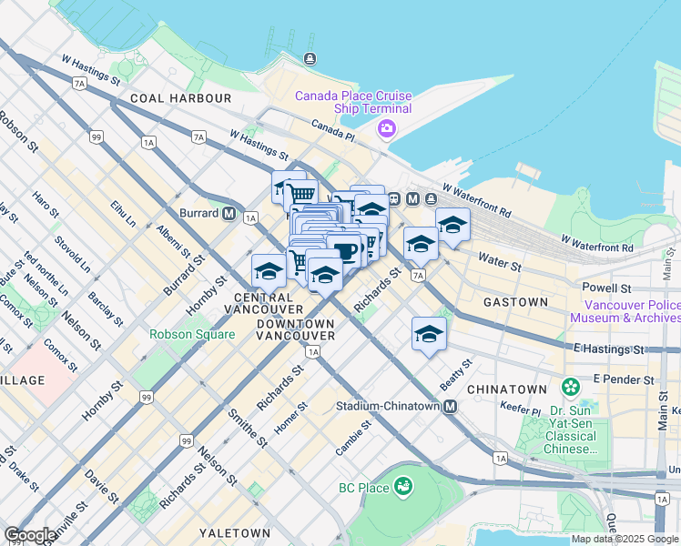 map of restaurants, bars, coffee shops, grocery stores, and more near 700 West Pender Street in Vancouver