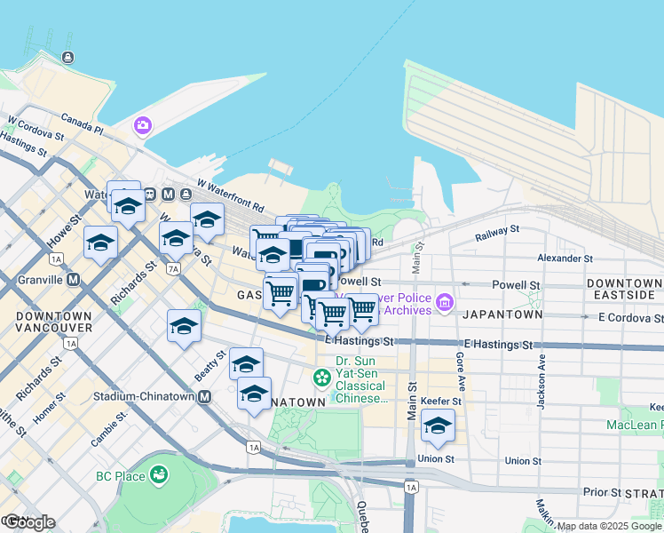 map of restaurants, bars, coffee shops, grocery stores, and more near in Vancouver