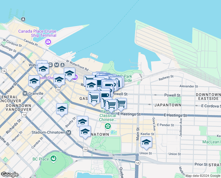 map of restaurants, bars, coffee shops, grocery stores, and more near in Vancouver