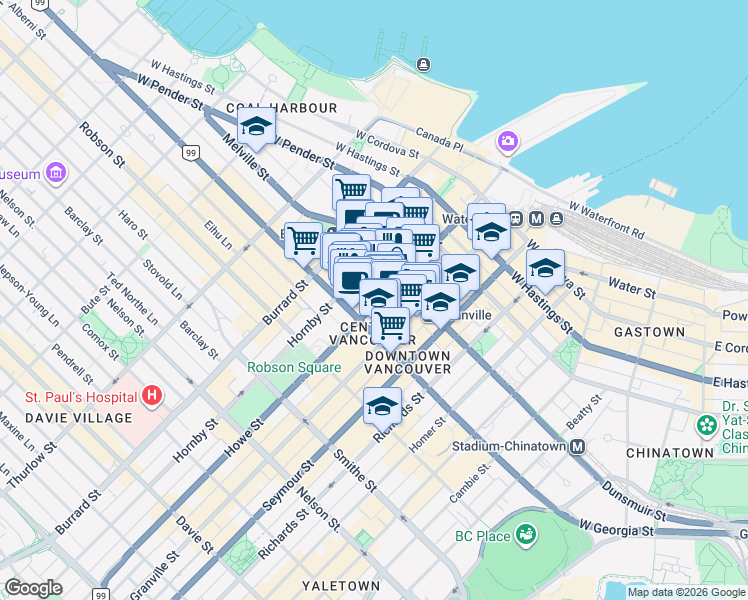 map of restaurants, bars, coffee shops, grocery stores, and more near 777 West Georgia Street in Vancouver