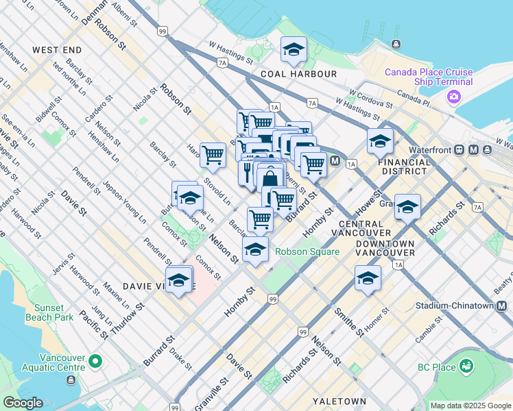 map of restaurants, bars, coffee shops, grocery stores, and more near in Vancouver