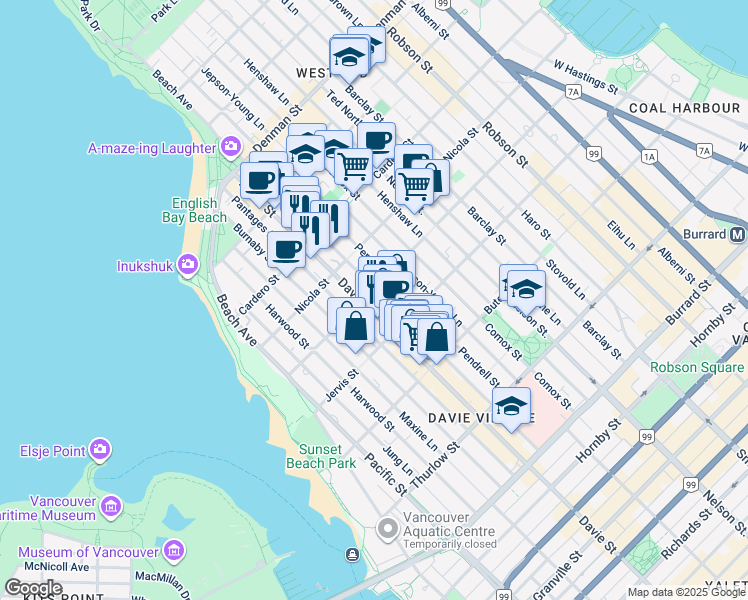 map of restaurants, bars, coffee shops, grocery stores, and more near in Vancouver