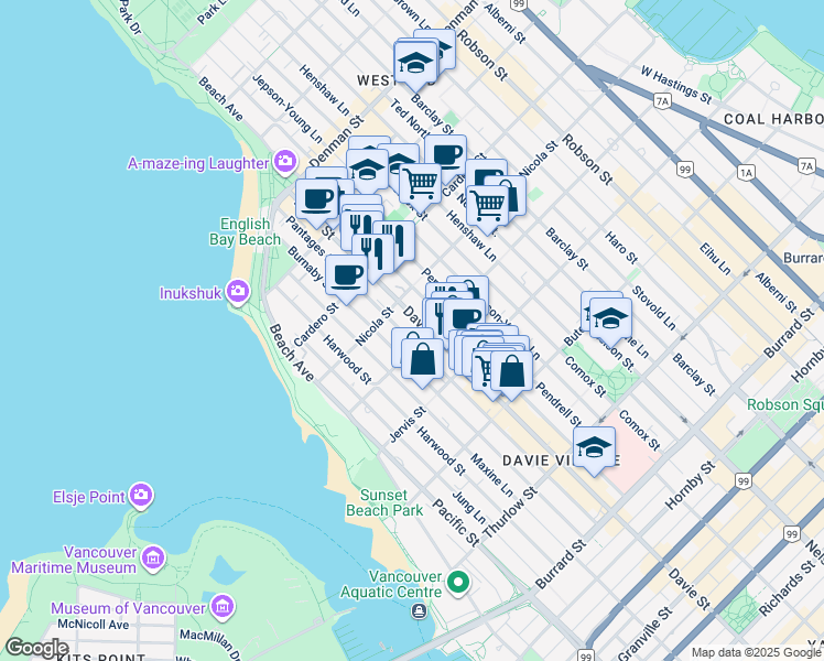 map of restaurants, bars, coffee shops, grocery stores, and more near in Vancouver