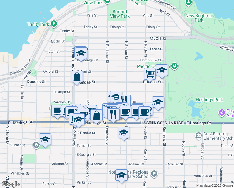 map of restaurants, bars, coffee shops, grocery stores, and more near 2654 Triumph Street in Vancouver