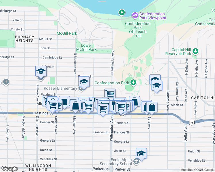 map of restaurants, bars, coffee shops, grocery stores, and more near 4472 Triumph Street in Burnaby