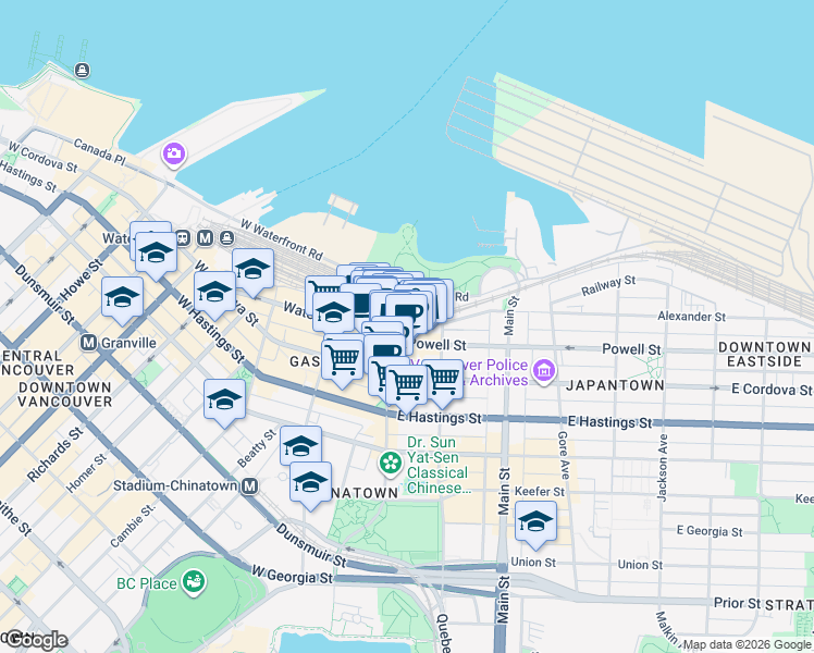 map of restaurants, bars, coffee shops, grocery stores, and more near in Vancouver