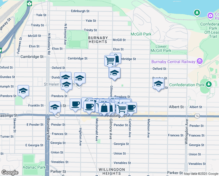 map of restaurants, bars, coffee shops, grocery stores, and more near 107 Gilmore Avenue in Burnaby