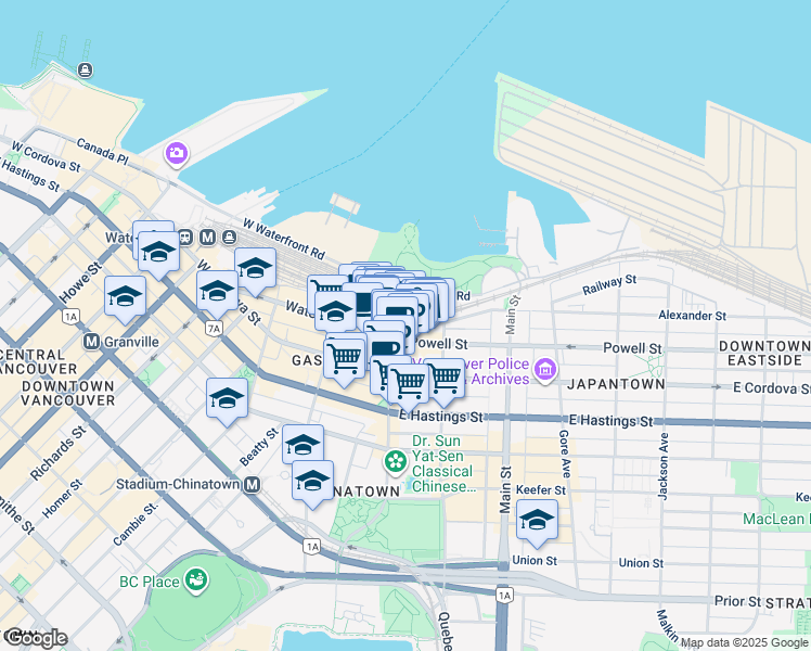 map of restaurants, bars, coffee shops, grocery stores, and more near 1 Alexander Street in Vancouver
