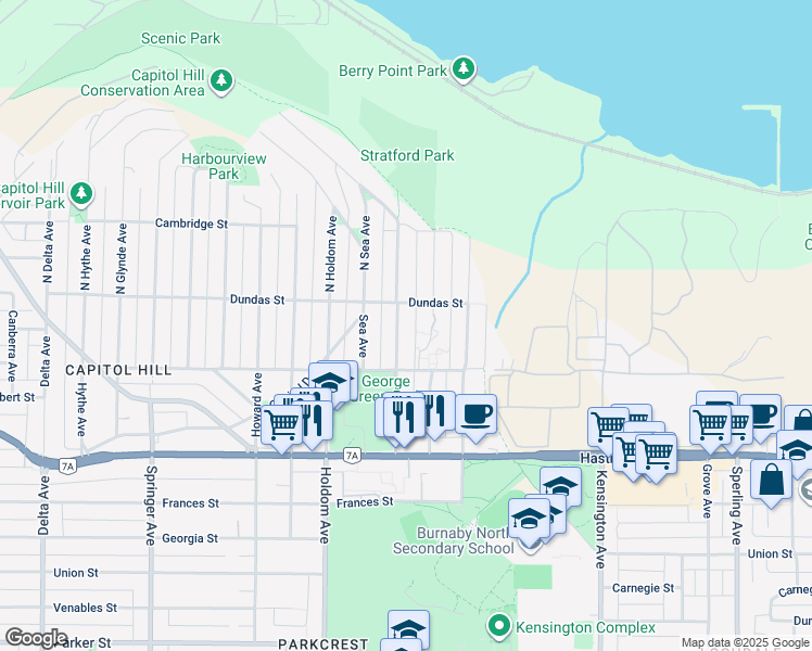 map of restaurants, bars, coffee shops, grocery stores, and more near 24 Warwick Avenue in Burnaby