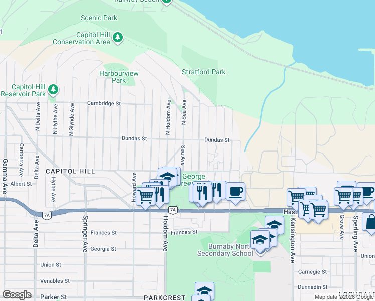 map of restaurants, bars, coffee shops, grocery stores, and more near 40 Sea Avenue in Burnaby
