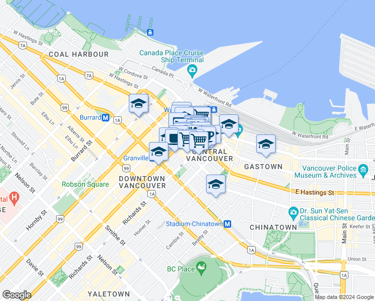 map of restaurants, bars, coffee shops, grocery stores, and more near 535 West Pender Street in Vancouver