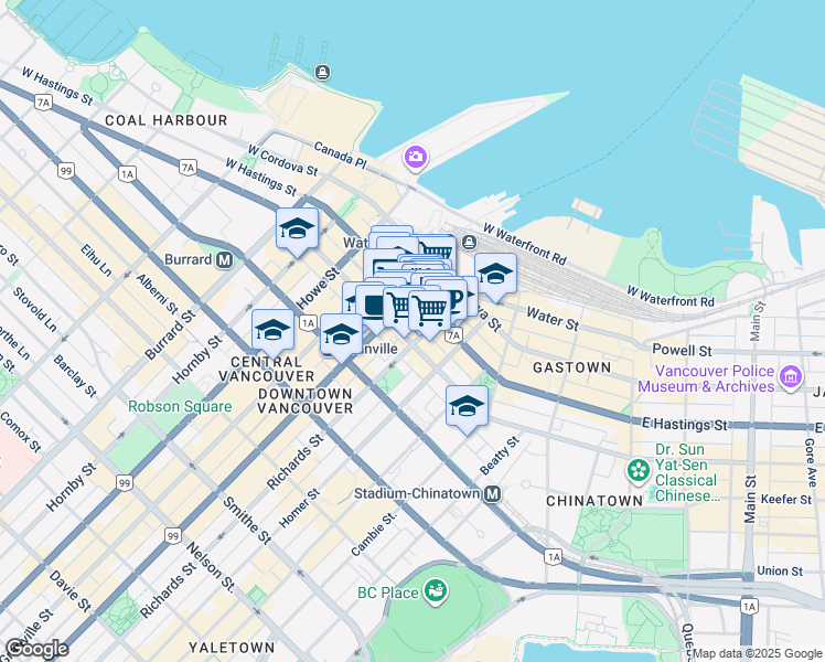 map of restaurants, bars, coffee shops, grocery stores, and more near 509 West Pender Street in Vancouver