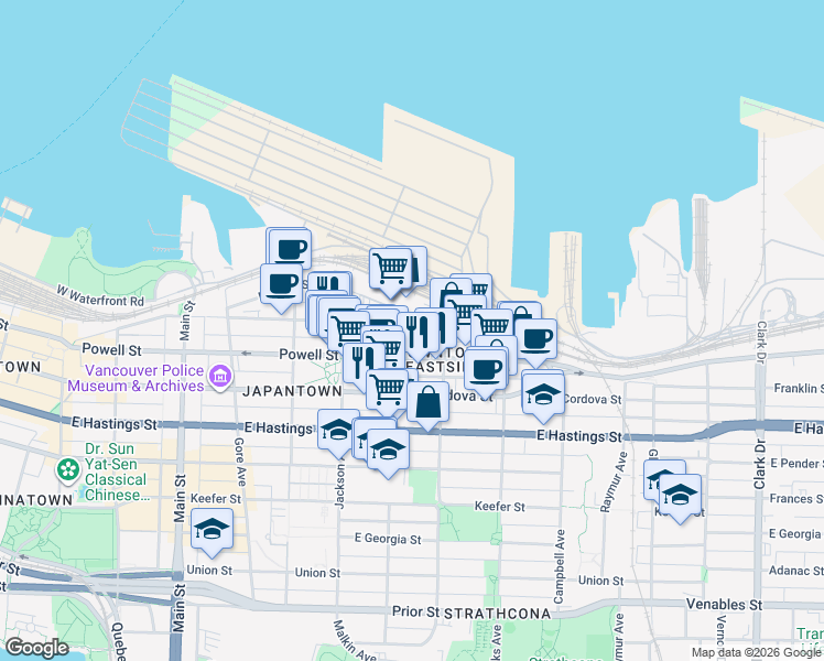 map of restaurants, bars, coffee shops, grocery stores, and more near 624 Alexander Street in Vancouver