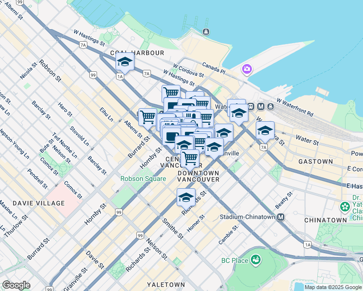 map of restaurants, bars, coffee shops, grocery stores, and more near 667 Howe Street in Vancouver