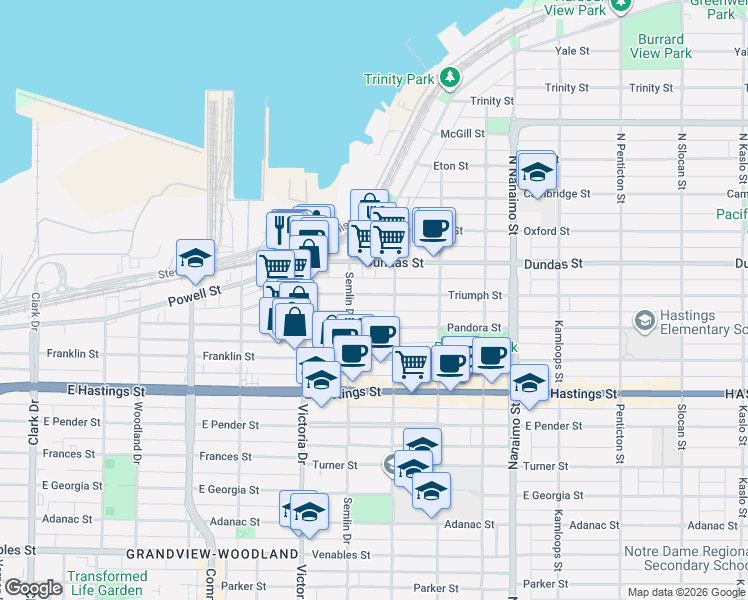 map of restaurants, bars, coffee shops, grocery stores, and more near 2042 Triumph Street in Vancouver