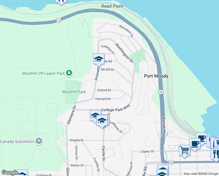 map of restaurants, bars, coffee shops, grocery stores, and more near 343 Oxford Drive in Port Moody